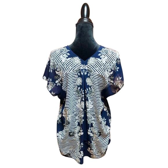 Cabi YACHT TOP 5024 Navy Blue White Sheer Tunic Flowy Short Sleeve Floral Stripe - Picture 7 of 8